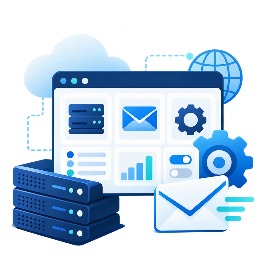 Website hosting control panel and email management illustration