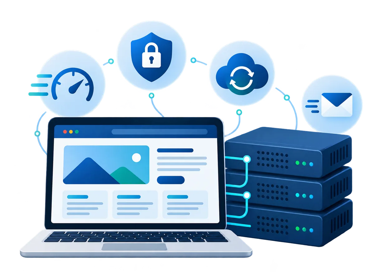 Website and server hosting illustration with speed, security, backup and email icons