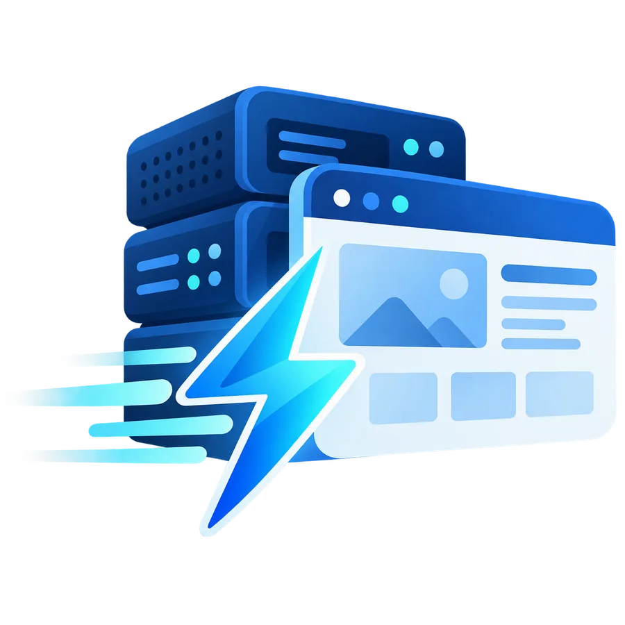 Fast website hosting with servers and a lightning symbol